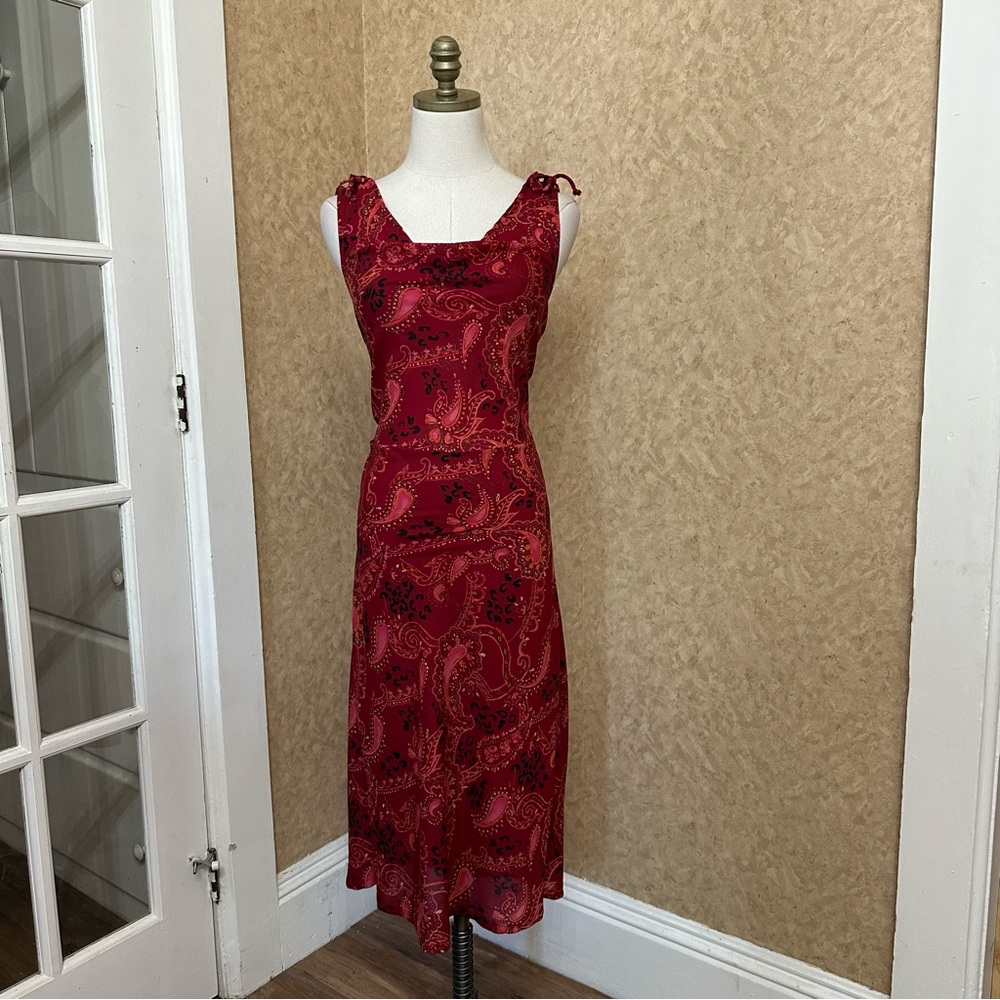 VTG Y2K 90s Red Burgundy Leopard Floral Print Tie Shoulder Cowl Neck Midi Dress